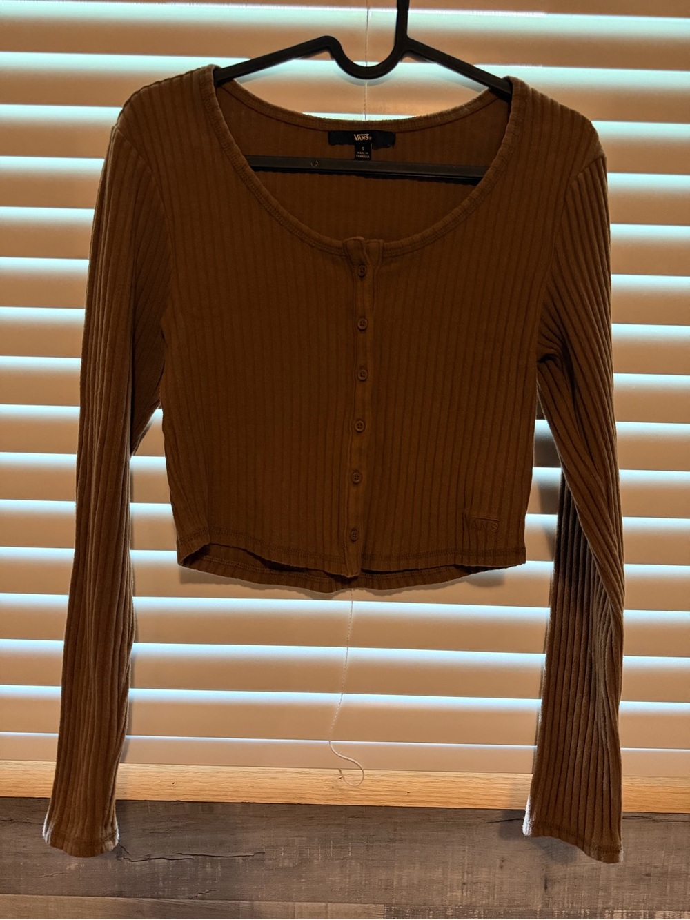 Vans Women's Ribbed Button-Front Long Sleeve Top in Olive Brown